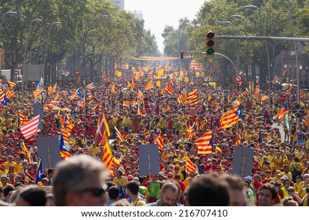 BARCELONA, SPAIN - SEPT. 11: About 1.8 million people participated to form a V in the rally for the independence during the National Day of Catalonia on Sept. 11, 2014 in Barcelona, Spain.