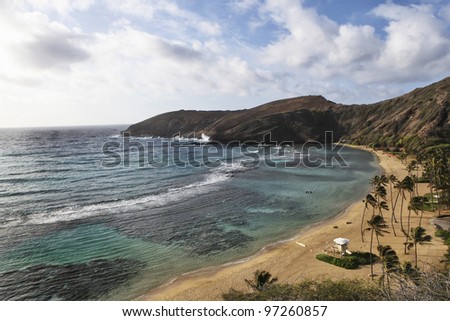Overview of Hanauma Bay, Oahu Hawaii where you can go snorkelling and diving just off shore.