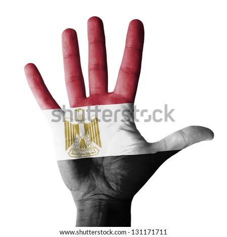 Open hand raised, multi purpose concept, Egypt flag painted - isolated on white background
