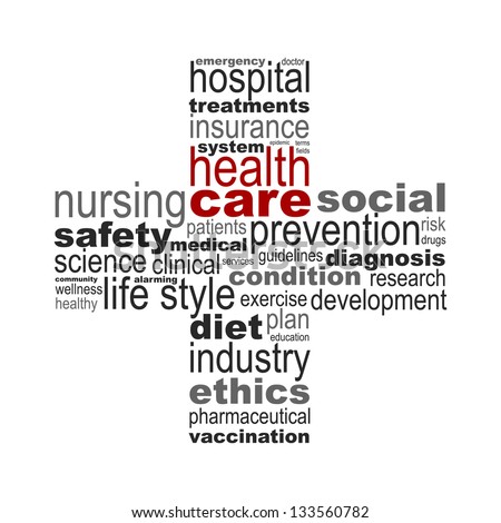Health care concept made with words drawing a health cross - easy colors change by selecting same fill color