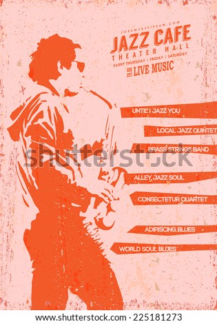 Vector Vintage Jazz music poster template Stencil illustration of a young man playing sax Texture effects can be turned off Vector Vintage Jazz music poster template Stencil illustration of a young man playing sax Texture effects can be turned off