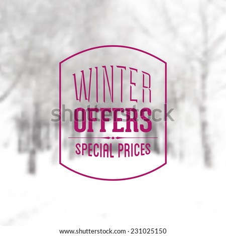 Vector Retro Winter banner typography. Winter offers Label in blurred landscape background.