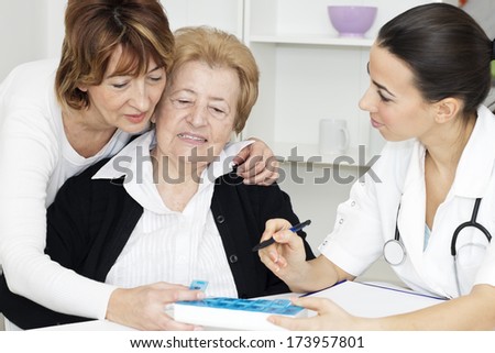 Senior woman with her daughter receiving instruction organizing pill box from young nurse.