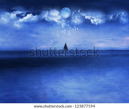 Blue ocean under a full moon