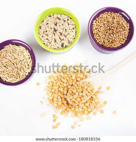 Cereals - ,wheat, rice,maize and oats isolated on white background. Macro shots.