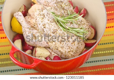 Raw Chicken with a Sprig of Rosemary in a Dutch Oven