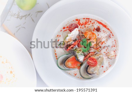 Tom Yum Soup, Thai Food  on white dish