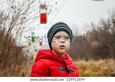 Cute kid in attraction park in autumn