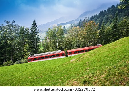 Railway on Rigi mountain in Alps, Switzerland