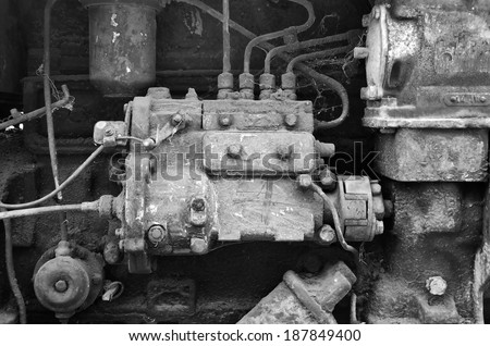 Detail of old diesel engine.Processed with vintage style.