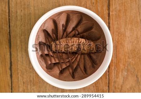 Overhead view of  homemade Chocolate Italian ice cream tub on wooden background , very shallow depth of field.