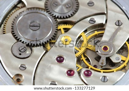 Old watch mechanism close up image