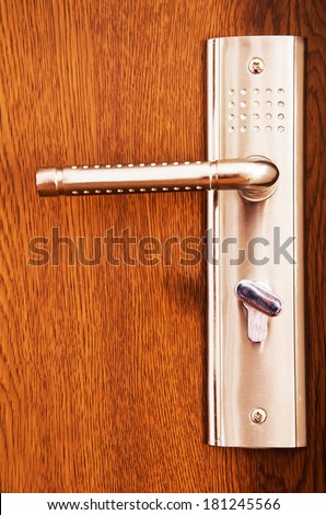 Modern door handle on a wooden door.
