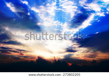 Sunset , sunrise with clouds and light rays effect.
