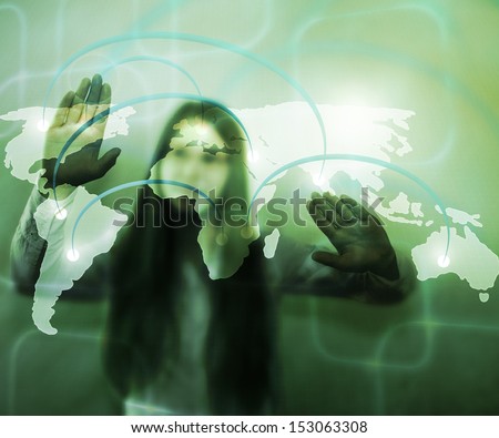 Girl Using Touch Screen World Map