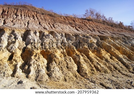 Soil erosion (roadside slope). Roadside hillside, furrowed by deep gullies from the rain. North China, Heilongjiang Province. 13/10/2013.