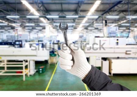 Factory maintenance working with wrench, Repairing heavy industry machine in plant