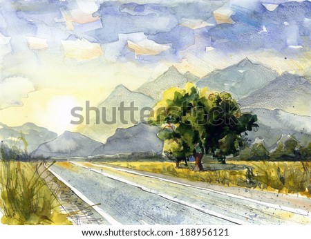 Picturesque trees in sunset on the road watercolor painting poster card background Picturesque trees in sunset on the road watercolor painting poster card background
