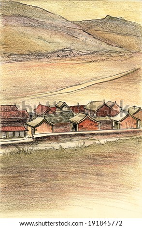 Oriental mongolian village houses with chinese roofs watercolor pencil painting illustration