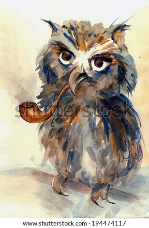 Wise Owl with big eyes and tube for smoking animal watercolor painting poster colored print textile pattern wallpaper background artwork hand drawn illustration Wise Owl with big eyes and tube for smoking animal watercolor painting poster colored print textile pattern wallpaper background artwork hand drawn illustration