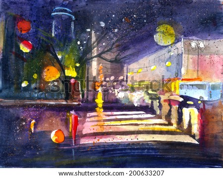 Night city view with skyscrapers and lights watercolor painting illustration colored poster