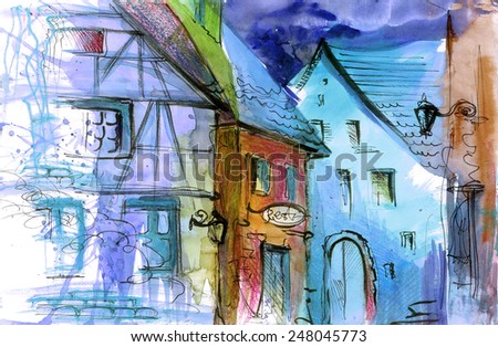 Beautiful bavarian houses watercolor paper illustration poster card book oil acrylic background hand made artwork