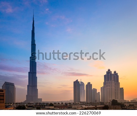 Dubai skyline with Burj Khaleefa the tallest building over the horizon.