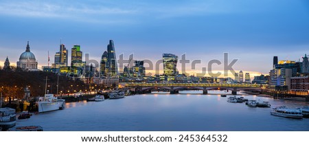 Panoramic view of London skyline over river Thames.