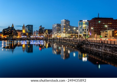 Skyline of Liverpool docks which is a beautiful tourist attraction, Liverpool, England.