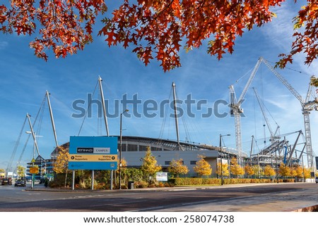 Manchester City Football Stadium, October 17, 2014 - Building of Manchester city football club located in East Manchester. Its expansion is under progress to increase the capacity of the stadium.