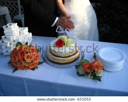 Bride and groom cutting the wedding cake in garden wedding while both holding the knife as they slice the cake with flowers and boxed favors on display