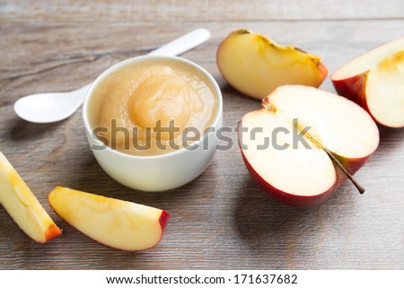 small bowl of apple puree with a fresh apple