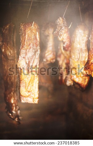 Smoked ham in a traditional way in the smokehouse, textured