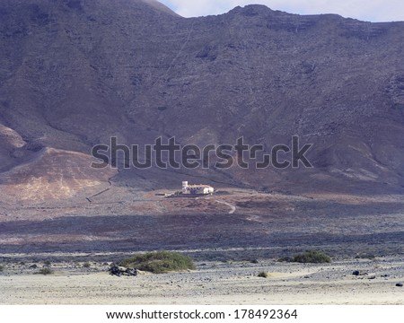 Distant view of Villa Winter near Cofete, Parque Natural de Jandia, Fuerteventura, Canary Islands.