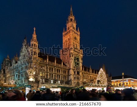 FRANKFURT, GERMANY - DECEMBER 1: Munich Christmas Market at Marienplatz on December 6 2013. Munich\'s Christmas Market is one of Germany\'s oldest Christmas fairs dating back to the 16th century.