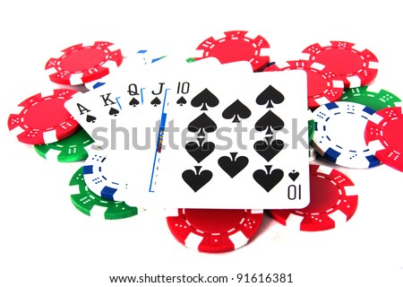 Ace high royal straight flush poker hand with poker chips