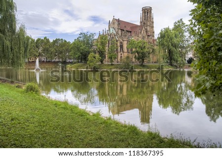 Saint Johns protestant church over the Fire lake in Stuttgart, Germany