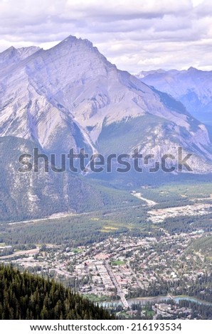 Landscape view on the highest Sulfur mountain, Rocky Mountains and Bow river valley in Banff National park. Alberta.Canada