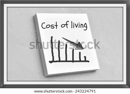 Vintage style text cost of living on the graph goes down on the short note texture background