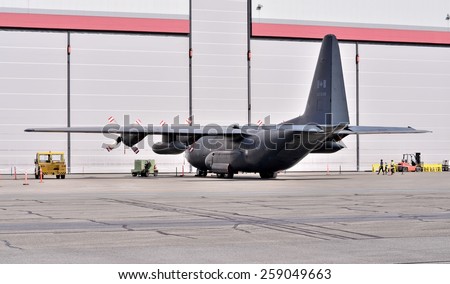 ABBOTSFORD, CANADA - MARCH 08: Military aircraft displays for civilian at the International Aerospace event on March 08, 2015 in Abbotsford, Canada.
