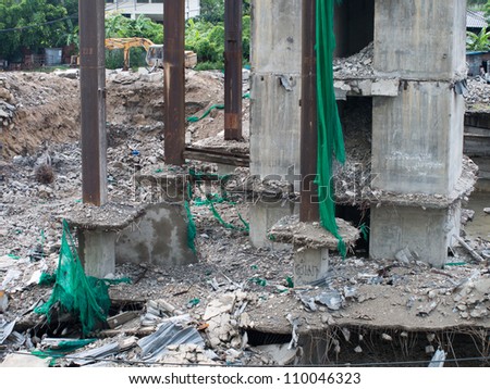 Demolition of the building. Photo reviews foundation of building after walls were destroyed