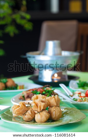 Thai food AKA Thai Money Bag or Bag of gold, Traditional Thai art desserts.
