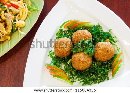 Thai Food Fish Cake (Tod Mun Pla) shot from above perspective