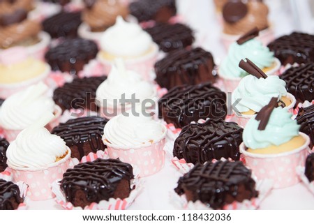Cupcakes for the wedding party selective focus on chocolate cupcake