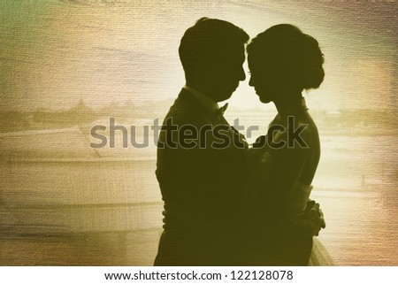 silhouette of Thai couple love and romantic with Thai temple background layered with old fabric graphic