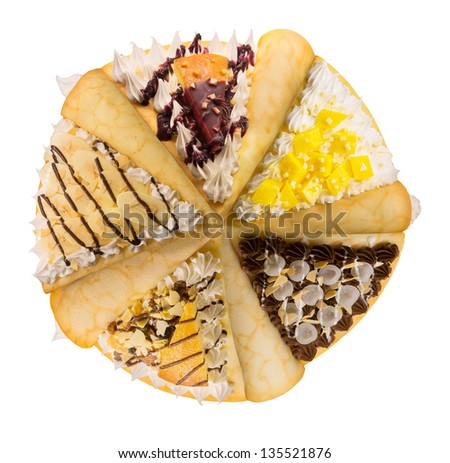 mix various crepes form a pizza shape, Crepe with ice cream and chocolate topping, isolated on white background.