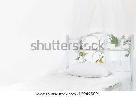isolate vintage metal white bed with flowers and net and pillow
