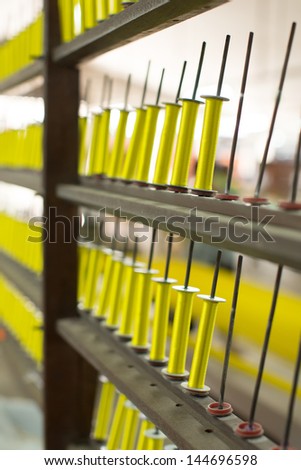 Yellow silk thread on wooden shelf