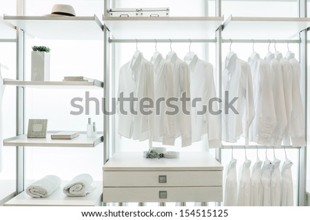 Built-In Wardrobe Interior, With Shirts, Drawers, Racks, Frame, Towel, Hat, And Book