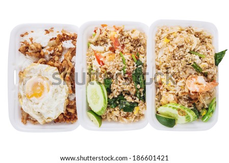 various thai meals in foam boxes isolate on white background